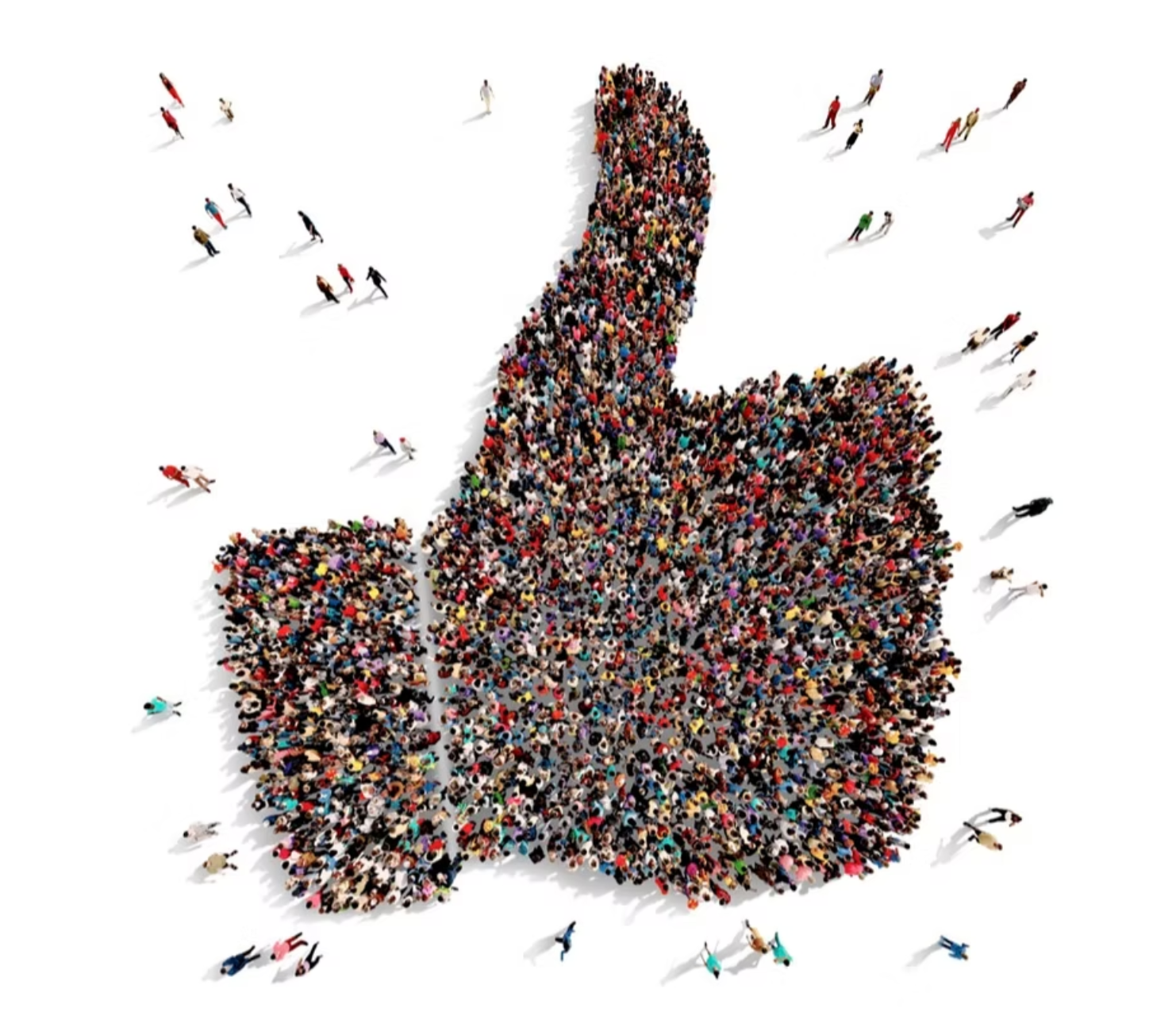 A community of people coming together in the shape of a thumbs-up